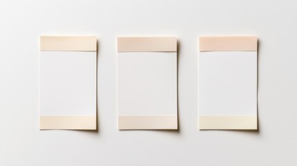 Minimalist display of three blank white notes taped to a clean white background with beige adhesive tape, perfect for mockup or design concepts