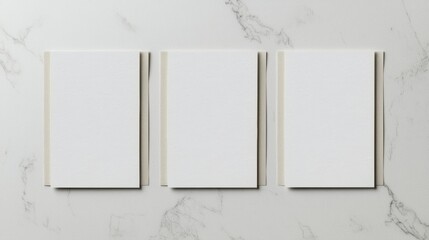 Minimalist display of three blank white notes taped to a clean white background with beige adhesive tape, perfect for mockup or design concepts