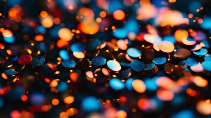 Naklejka premium Financial Abundance Close-Up of Vividly Colored Coins, Softly Defocused, Ideal for Economic Themes 