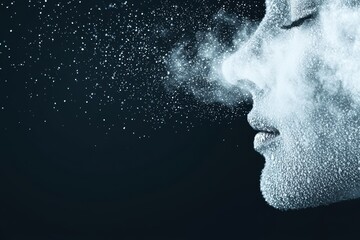 Side view of a spray release, with fine water particles illuminated against the dark, creating a textured and ethereal effect