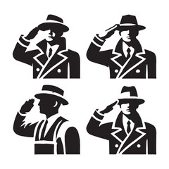 Artistic set of saluting man silhouette digital art including high-resolution and customizable designs - man saluting vector set - man saluting illustrations set
