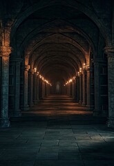 Fototapeta premium Dark Medieval Library Hallway with Candlelight