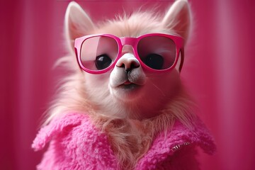 Fototapeta premium Fluffy Alpaca Wearing Pink Sunglasses and Jacket