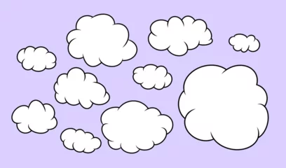 Fotobehang Set of White Cute Cloud Line Shapes on Light Purple Background. Minimalist Vector Illustration for design. Abstract for kids, stickers, web. Frames for info. © Alisa