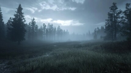 Obraz premium Misty forest path at dawn, fog, trees, grass.
