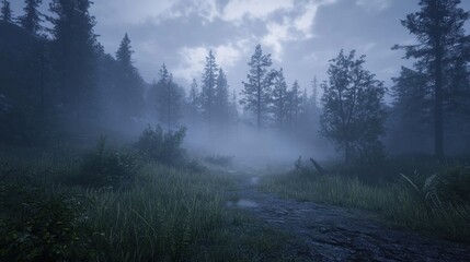Misty forest path at dawn.