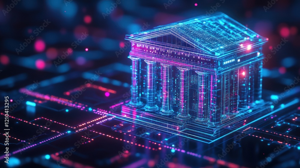 Poster digital bank with glowing columns, futuristic architecture set in a matrix of vibrant technology con