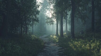 Obraz premium Misty forest path at sunrise, sunlight filtering through trees.
