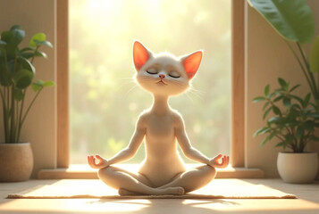 Cat doing yoga in lotus position on mat in bright room with plants against large sunny window, pets doing meditation