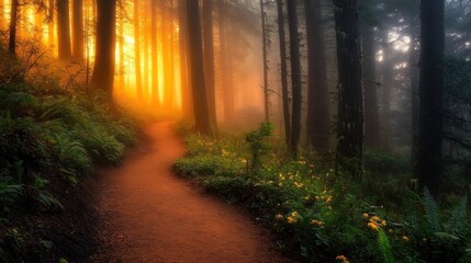 Obraz premium Misty forest path at sunset, sunlight through trees, flowers.