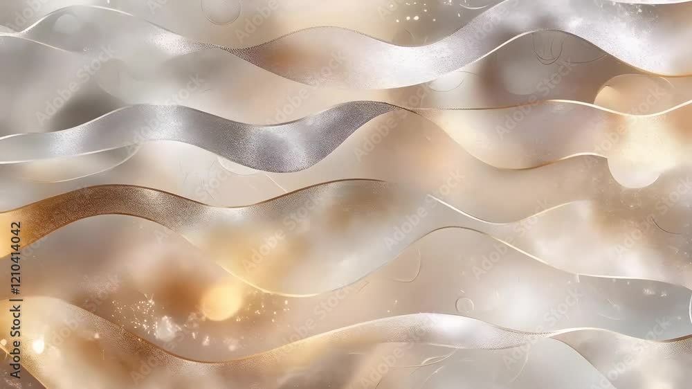 Poster soft flowing waves of silver and gold intertwine against a light background, creating a dreamy, eleg