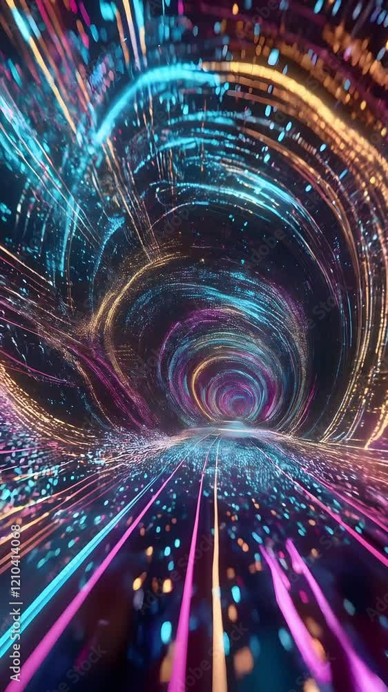 Poster a vibrant abstract representation of a swirling tunnel filled with glowing lines and bright particle