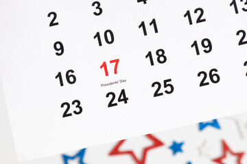 Presidents' Day. Washington's Birthday. The date on the calendar sheet is February 17, 2025, marked...