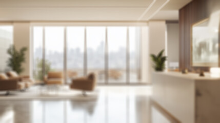 Fototapeta premium Beautiful blurred background of a light modern office interior with panoramic windows and beautiful lighting