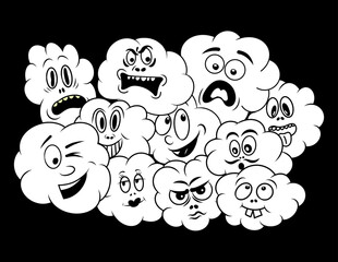 Collection of Cute Cloud Emojis with Various Expressions. Abstract Cartoon Characters in Black and White Doodle Style. Fun Icon Set for Kids and Projects