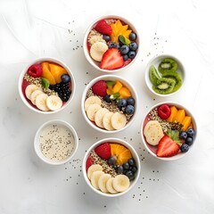 Healthy breakfast with delicious acai smoothie in bowl on dark background
