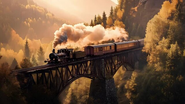 A vintage steam locomotive chugs across a scenic railway bridge surrounded by autumn-colored trees and misty mountains at sunset