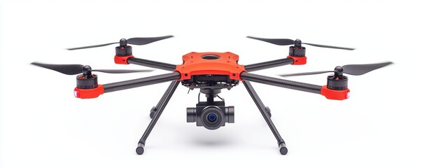 A drone used for wildfire monitoring with a mounted thermal camera hovering on a solid white background, single object