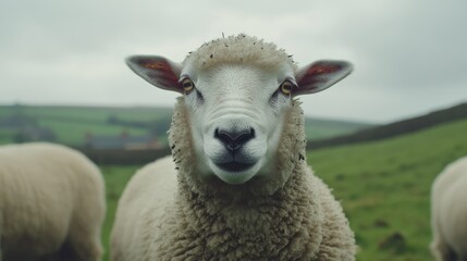 Obraz premium A Fluffy Sheep Stares Directly Ahead In A Field