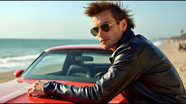 A man in his twenties with light brown hair and sunglasses leans on a red sports car by the beach, enjoying the sunny weather and ocean view in retro style