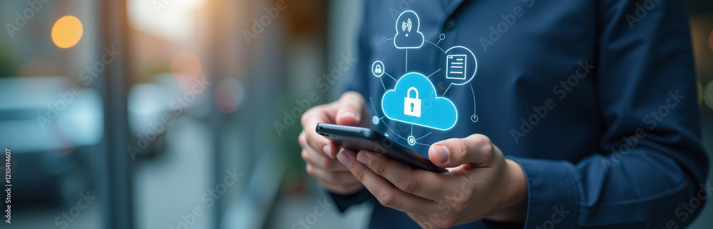Poster person using a smartphone with secure cloud icons emphasizes cloud security, data protection, and sa