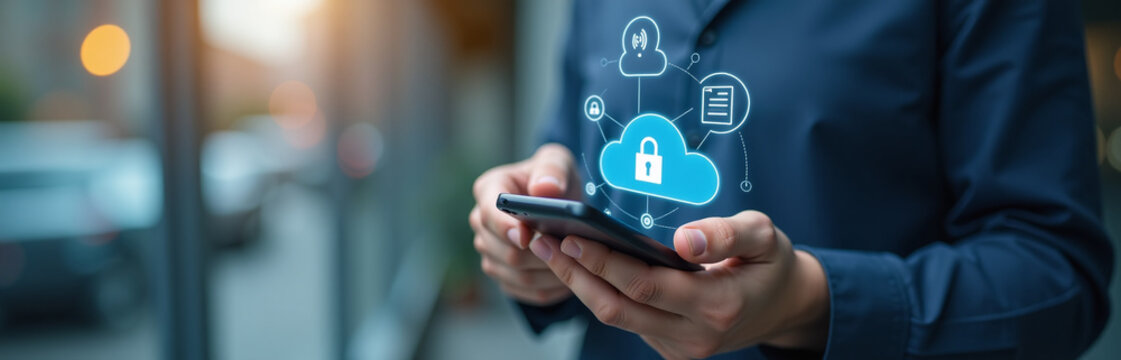 Person Using A Smartphone With Secure Cloud Icons Emphasizes Cloud Security, Data Protection, And Safe Document Handling In Mobile Finance Securely. 00002