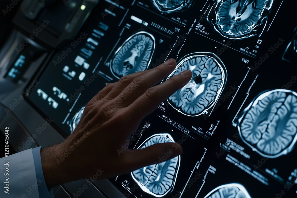 Poster doctor is pointing at a brain scan on a computer monitor. a close up of a brain with a hand reaching