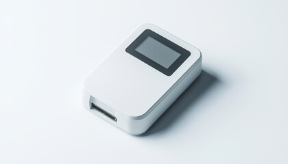 A portable business card scanner with a digital display and USB connection displayed on a solid white background, single object
