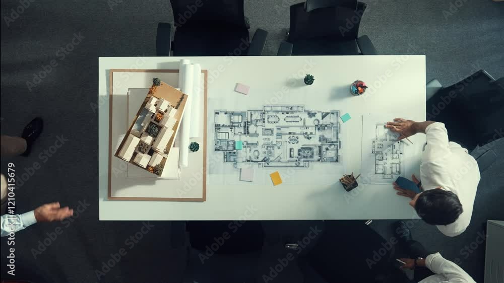Poster top down aerial view of project manager using laptop to analysis building construction. aerial view 