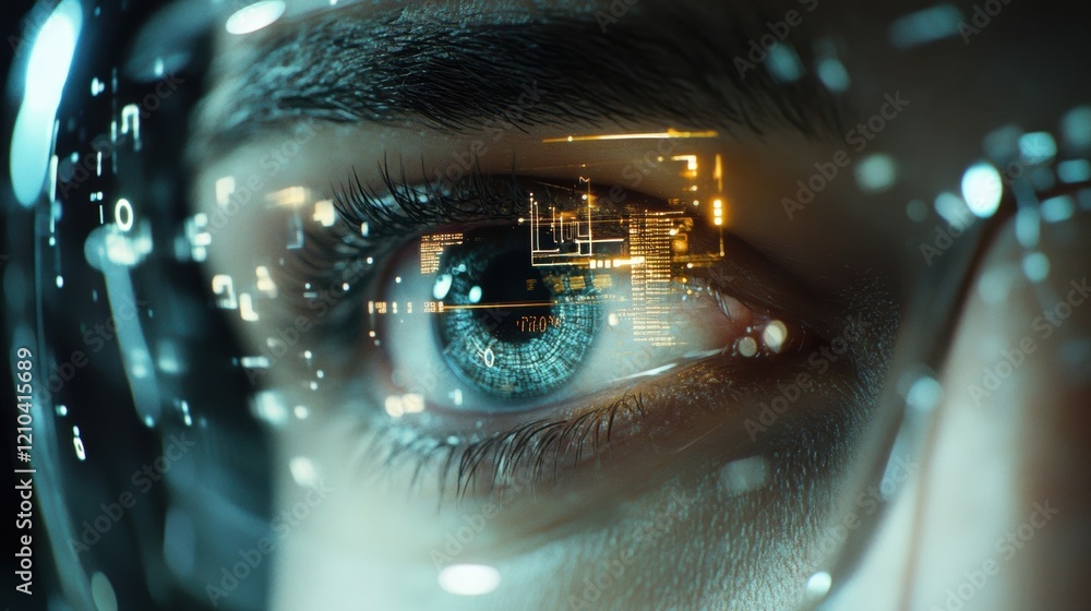 Poster close up of a human eye showcasing a futuristic digital interface, reflecting intricate data analysi