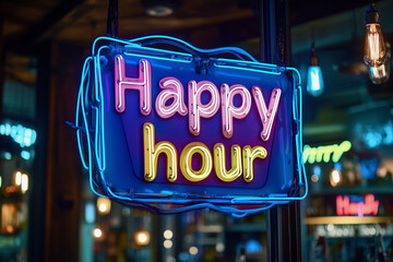 neon sign that says Happy Hour. The sign is blue and yellow. It is lit up and is hanging from a building