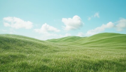 Fototapeta premium Vibrant rolling green hills landscape open field nature photography bright atmosphere wide-angle view serenity