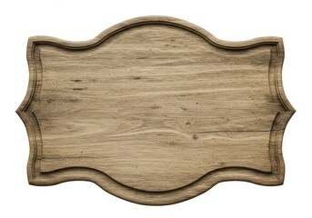A rustic wooden signboard with a decorative curved frame and horizontal wood grain texture isolated on white background