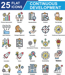 Continuous Development Icon Set Collection. Containing Process Improvement, Solution, target, Data Collection, Innovation, Goal, KPI, Development, Analytics, support. Simple Flat Vector Illustration.
