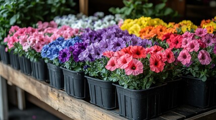 Flower display at local nursery colorful petunias in pots outdoor garden environment close-up view for gardening inspiration