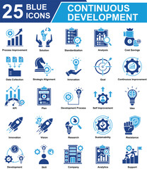 Fototapeta premium Continuous Development Icon Set Collection. Containing Process Improvement, Solution, target, Data Collection, Innovation, Goal, KPI, Development, Analytics, support. Simple Blue Vector Illustration.