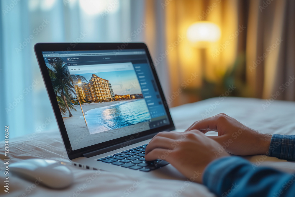 Poster person is typing on a laptop with a beach scene displayed on the screen. the beach scene is a beauti