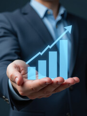 Person Holds Virtual House Icon With Rising Bar Graph, Symbolizing Growing Real Estate Market Amidst Increasing Interest Rates. 00001
