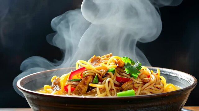 Stir fry noodles with vegetables and beef in black bowl. Chow mein dish. Hot ramen noodle with steam smoke, green onion in black bowl on wooden table background. Spicy Asian meal. Junk food concept.
