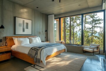Modern bedroom interior design forest view cabin photography tranquil environment natural light cozy concept