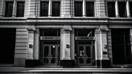 Majestic bank building with imposing facade displaying strength and stability