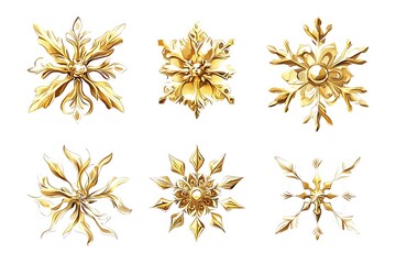 6 golden snowflakes, vector graphics on a white background 