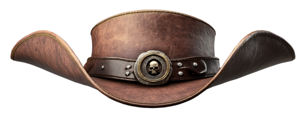 Pirate hat with a brown leather band and metal isolated on white background.PNG