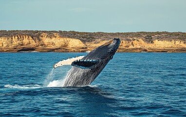 Fototapeta premium Humpback whale breaching in ocean with coastal cliffs in background