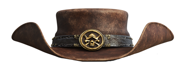 Pirate hat with a brown leather band and metal isolated on white background.PNG
