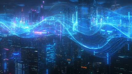 Smart city skyline at night with glowing blue digital wavy wires flowing through, antennas connected across the city, representing big data connection technology, vibrant neon lights illuminating the 