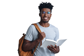 Smiling Student Holding Book and Backpack isolated on transparent background 