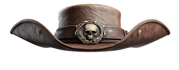 Pirate hat with a brown leather band and metal isolated on white background.PNG
