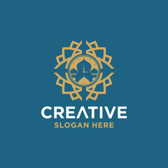 Islamic clock logo, collection of time reminder logos with mosque concept.