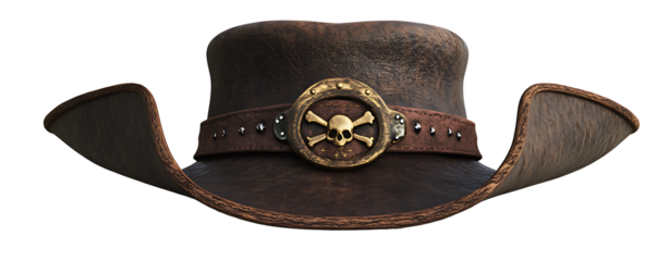 Pirate hat with a brown leather band and metal isolated on white background.PNG
